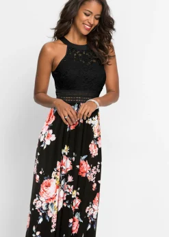 Vestido largo con estampado floral y encaje
