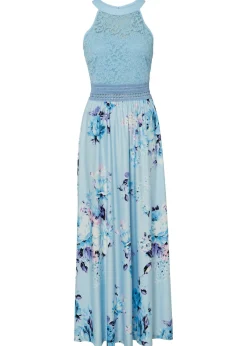 Vestido largo con estampado floral y encaje