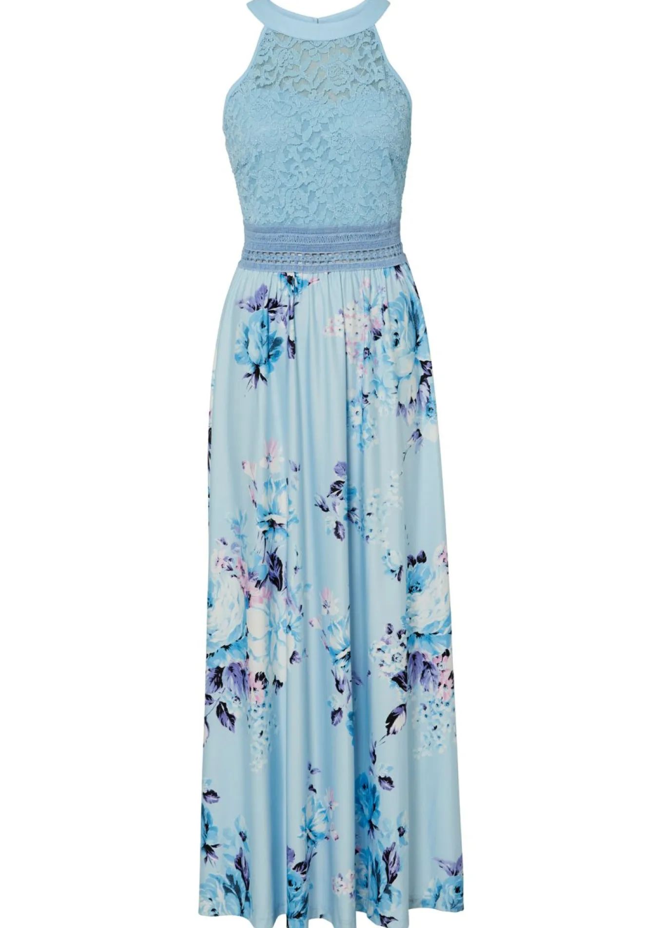 Vestido largo con estampado floral y encaje