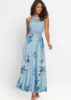 Vestido largo con estampado floral y encaje