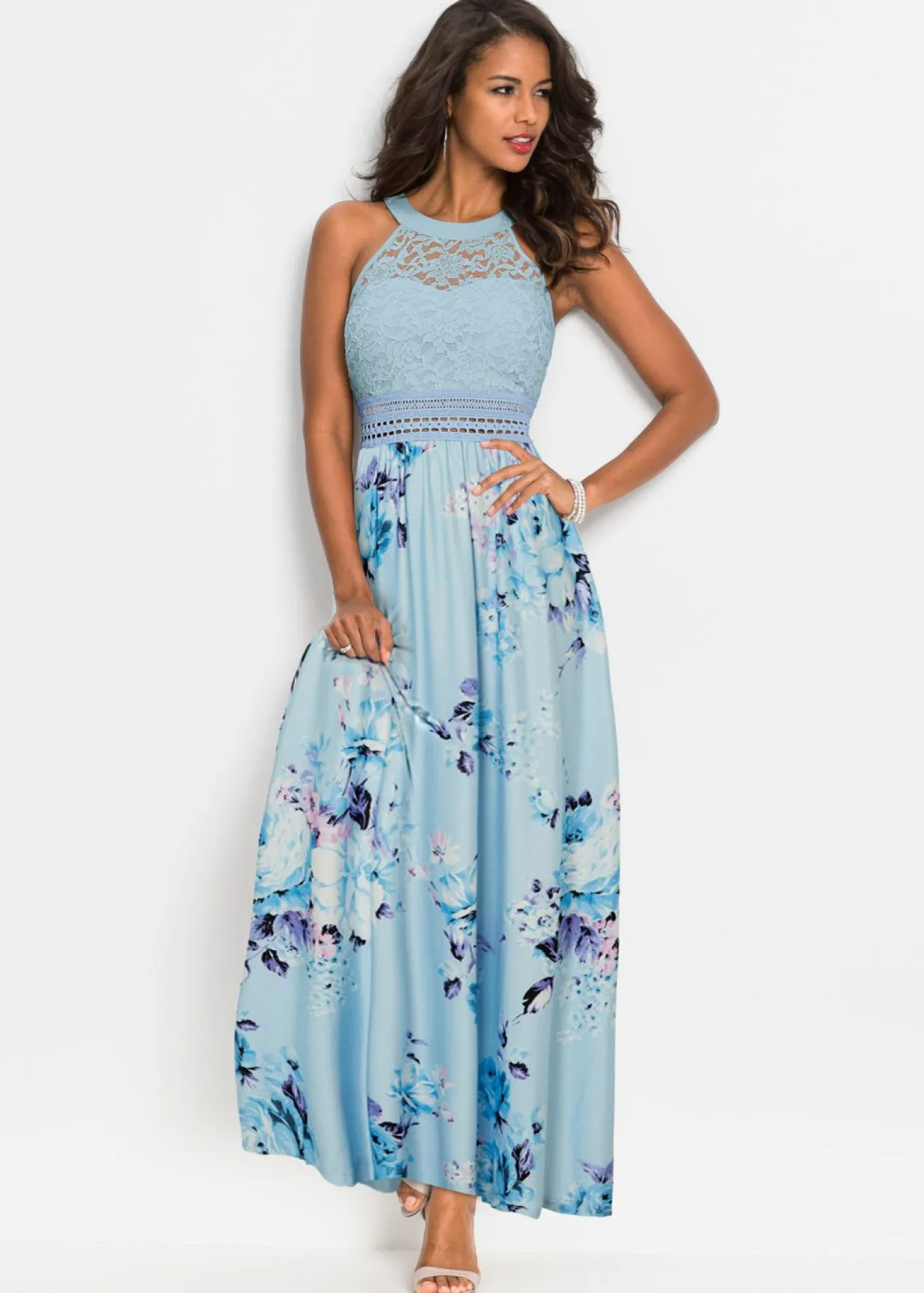 Vestido largo con estampado floral y encaje