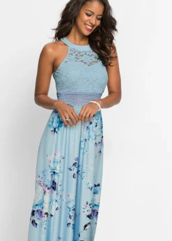 Vestido largo con estampado floral y encaje