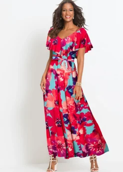 Vestido largo con volante y cinturón