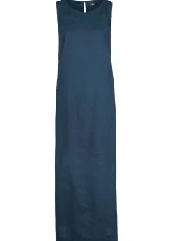 Vestido largo de lino con motivo perforado en el escote y abertura lateral