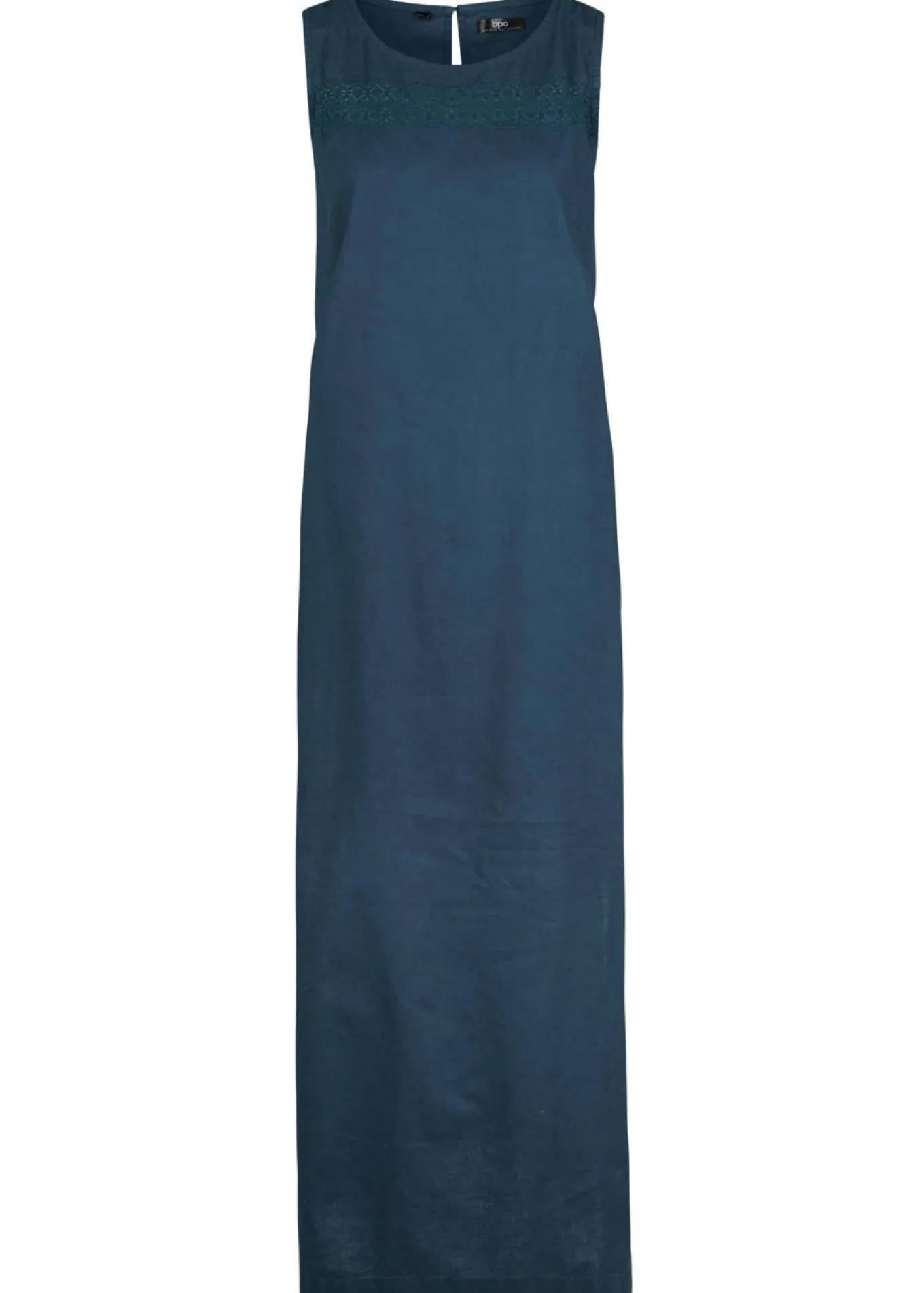 Vestido largo de lino con motivo perforado en el escote y abertura lateral