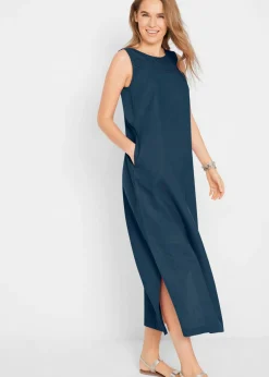 Vestido largo de lino con motivo perforado en el escote y abertura lateral