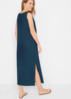 Vestido largo de lino con motivo perforado en el escote y abertura lateral