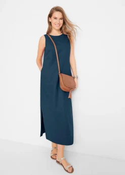 Vestido largo de lino con motivo perforado en el escote y abertura lateral