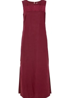 Vestido largo de lino con motivo perforado en el escote y abertura lateral