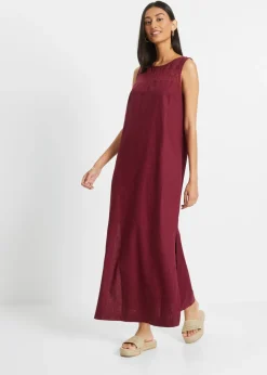 Vestido largo de lino con motivo perforado en el escote y abertura lateral