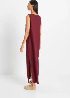 Vestido largo de lino con motivo perforado en el escote y abertura lateral