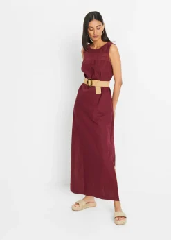 Vestido largo de lino con motivo perforado en el escote y abertura lateral