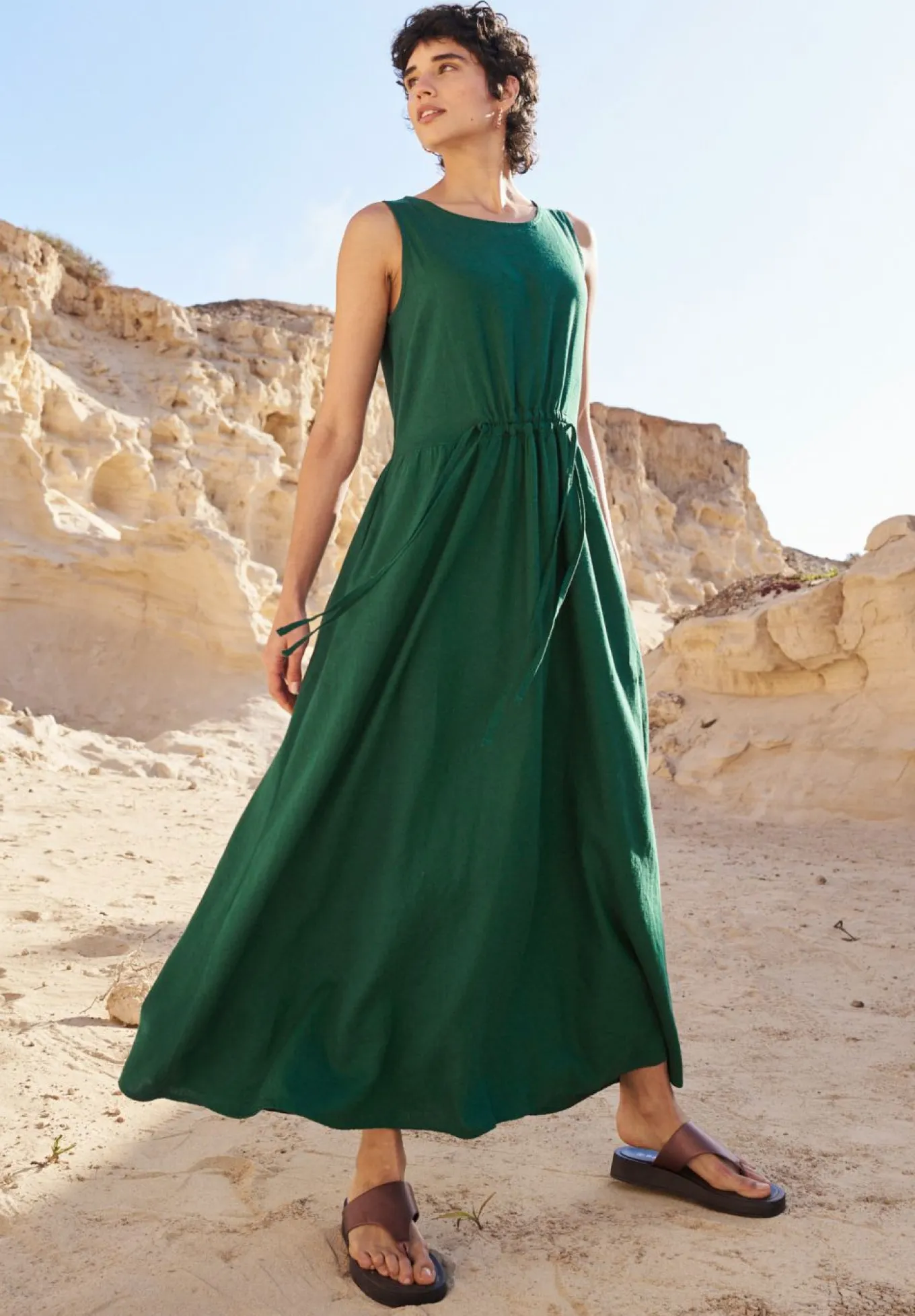 Vestido largo de mezcla ligera de lino y viscosa