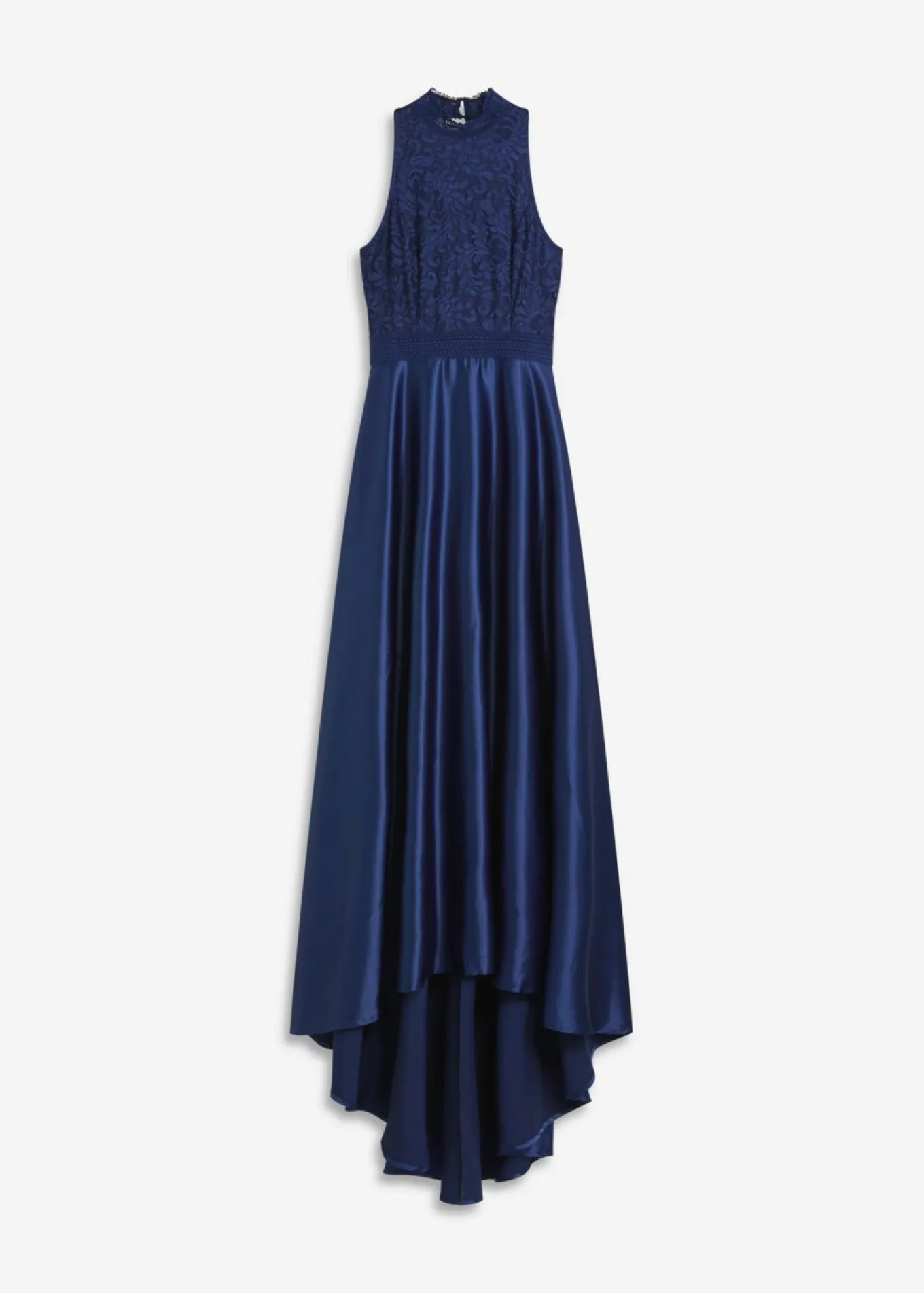 Vestido largo de satén brillante con encaje