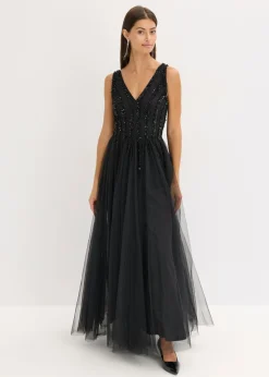 Vestido maxi de tul fino con bordado de lentejuelas