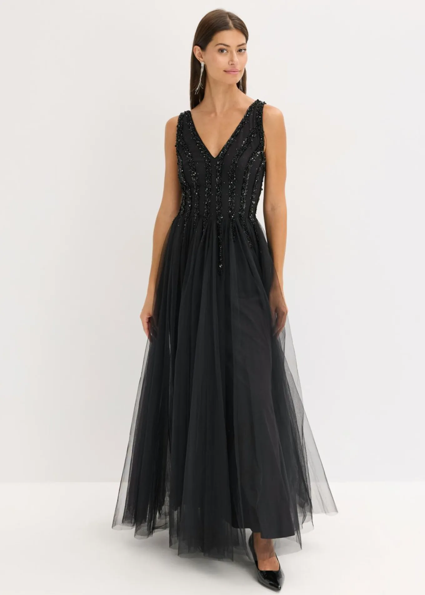 Vestido maxi de tul fino con bordado de lentejuelas