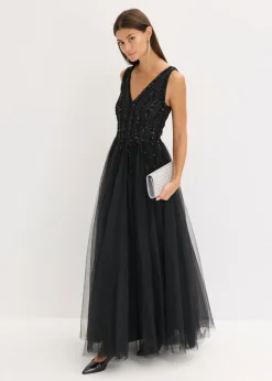Vestido maxi de tul fino con bordado de lentejuelas