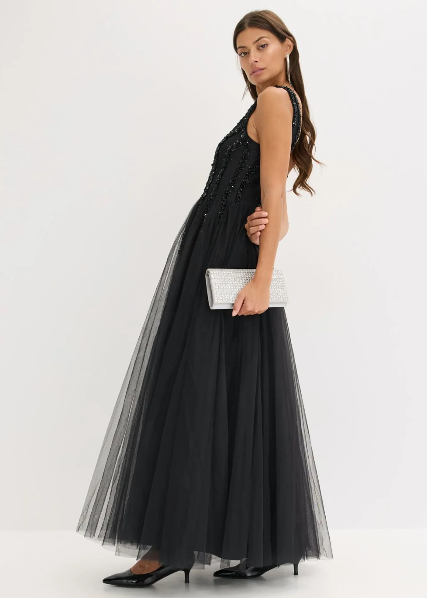 Vestido maxi de tul fino con bordado de lentejuelas