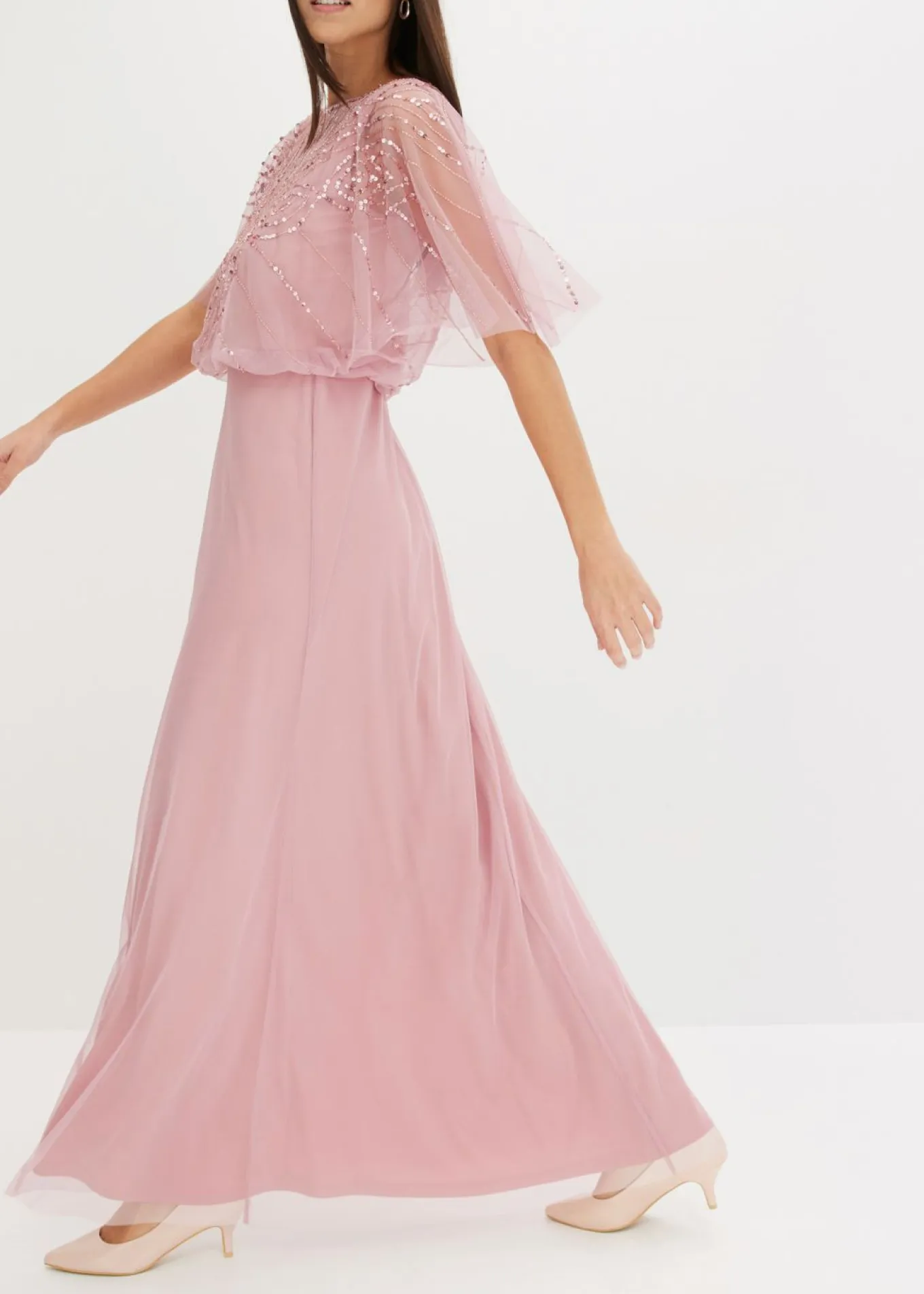 Vestido maxi de tul fino con bordado de lentejuelas