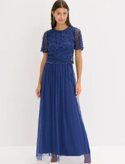 Vestido maxi de tul fino con bordado de lentejuelas