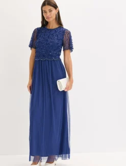 Vestido maxi de tul fino con bordado de lentejuelas