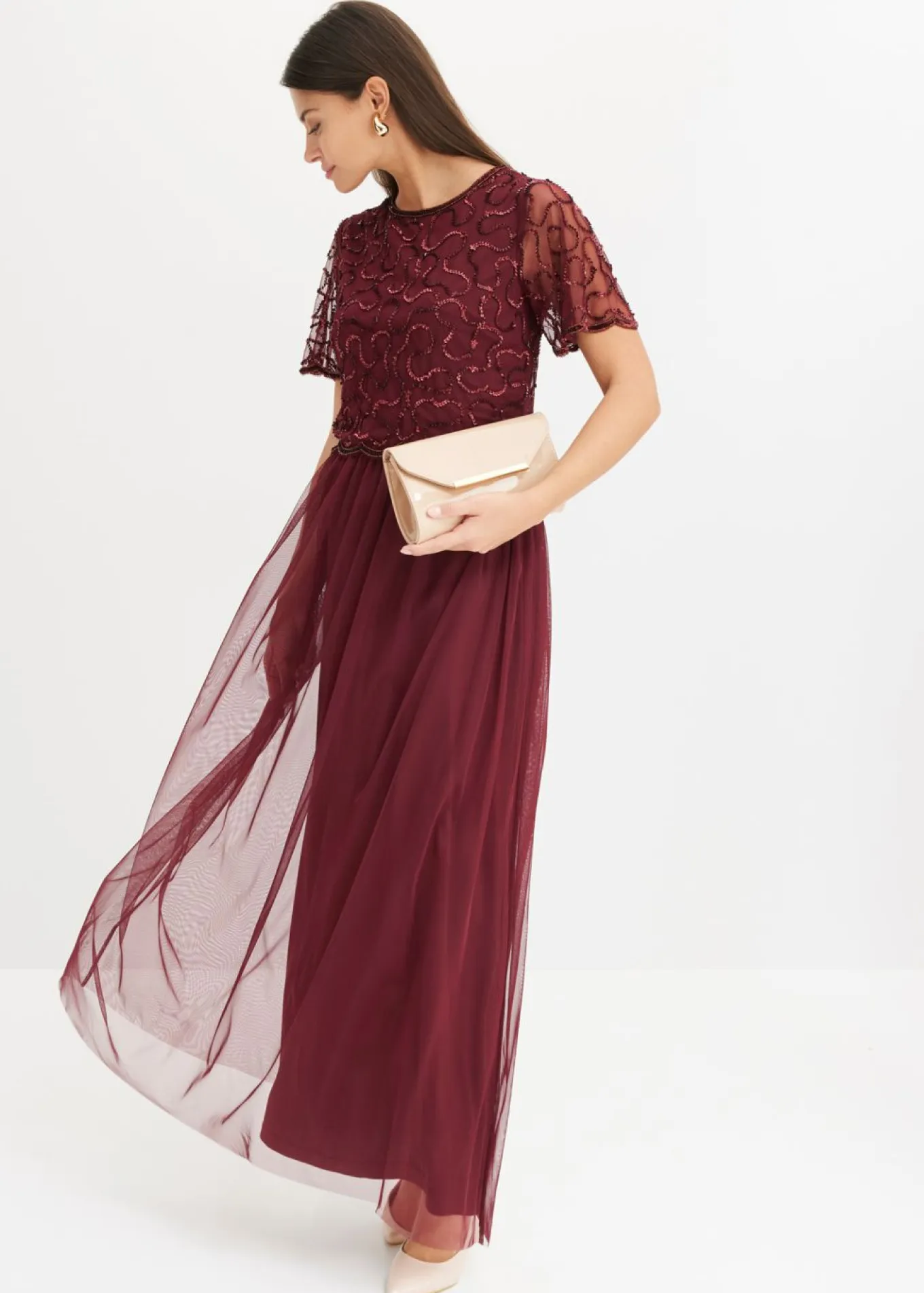 Vestido maxi de tul fino con bordado de lentejuelas