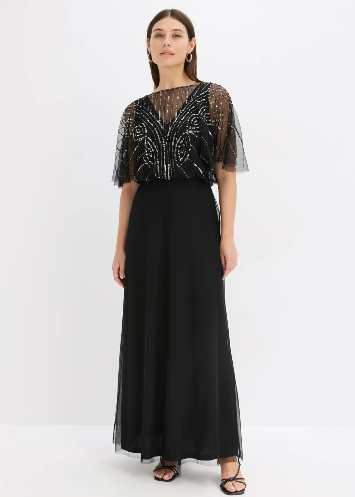 Vestido maxi de tul fino con bordado de lentejuelas