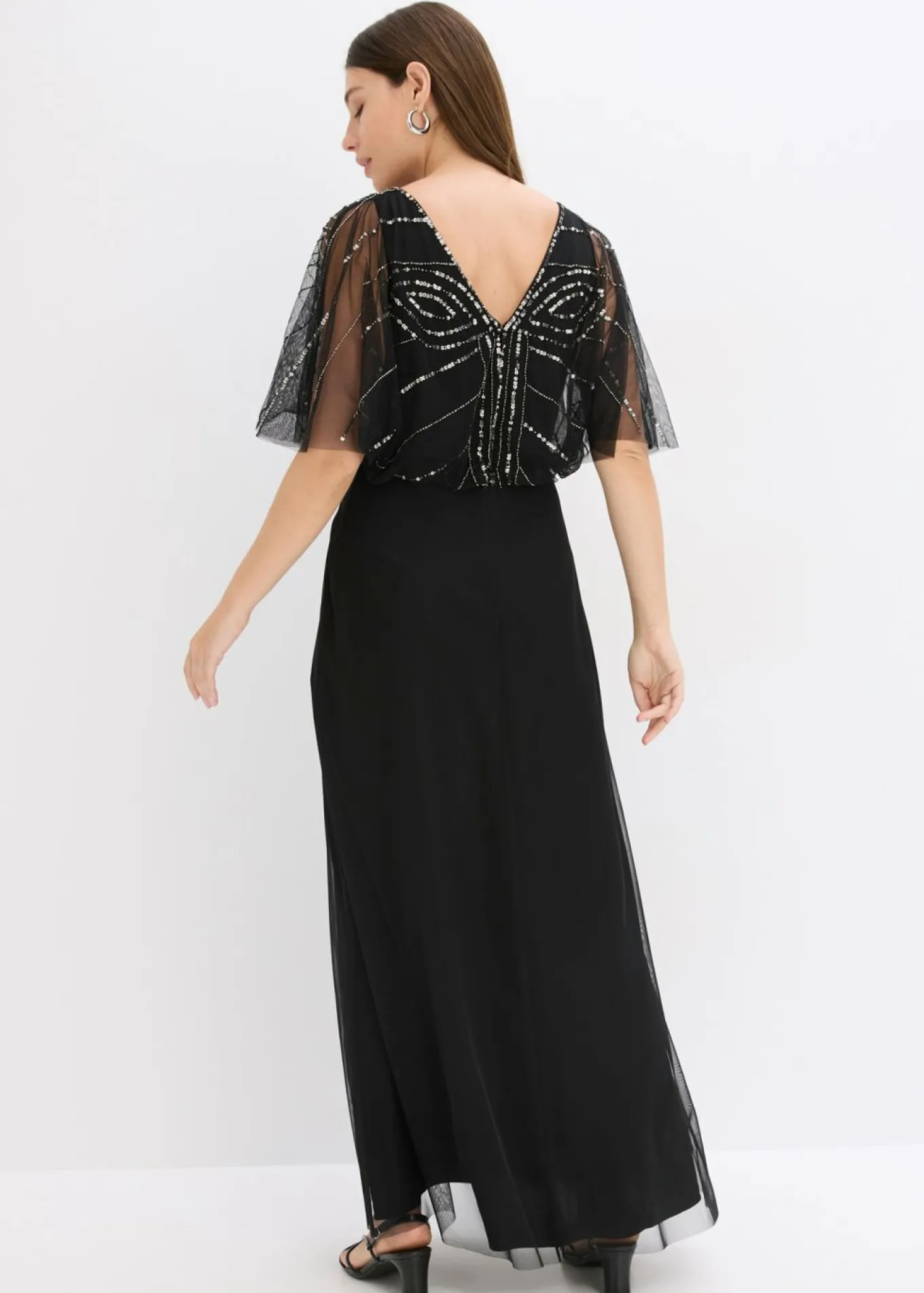 Vestido maxi de tul fino con bordado de lentejuelas