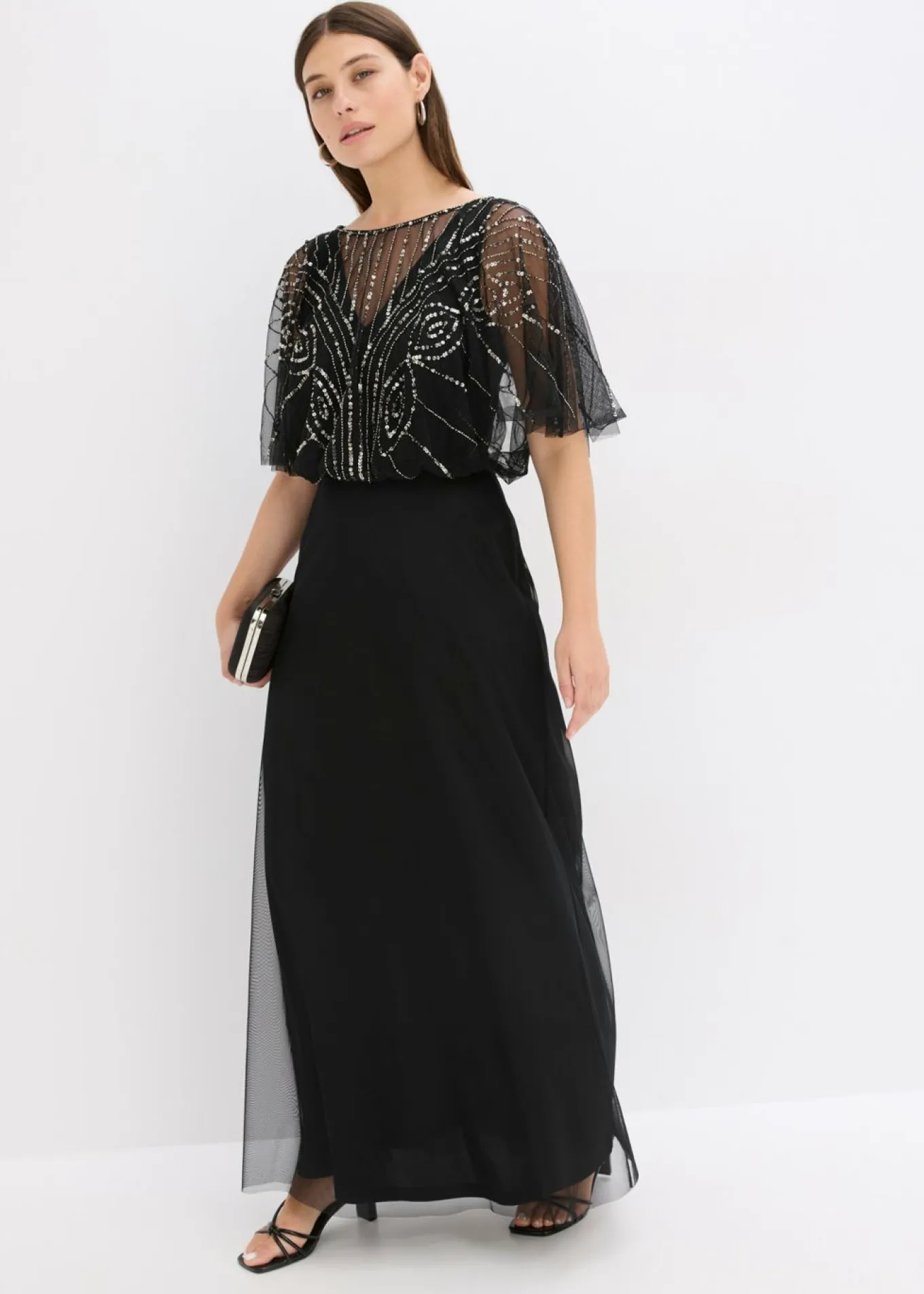 Vestido maxi de tul fino con bordado de lentejuelas