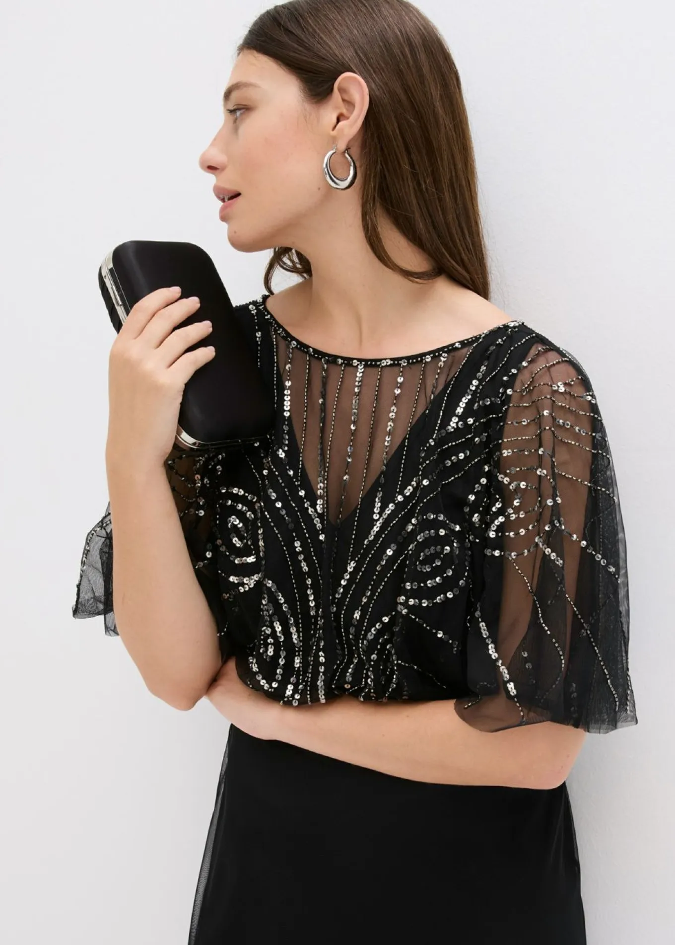 Vestido maxi de tul fino con bordado de lentejuelas