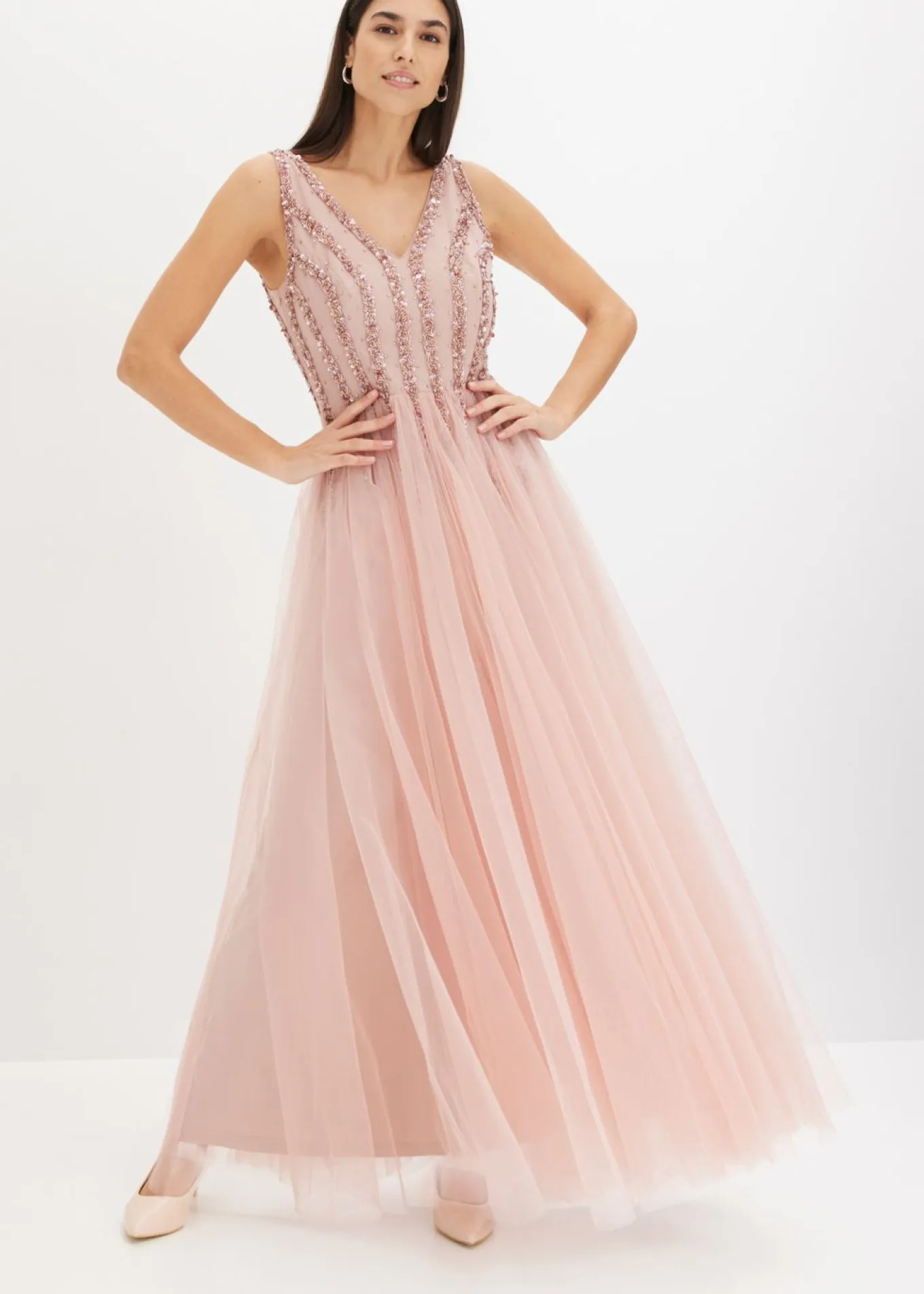 Vestido maxi de tul fino con bordado de lentejuelas