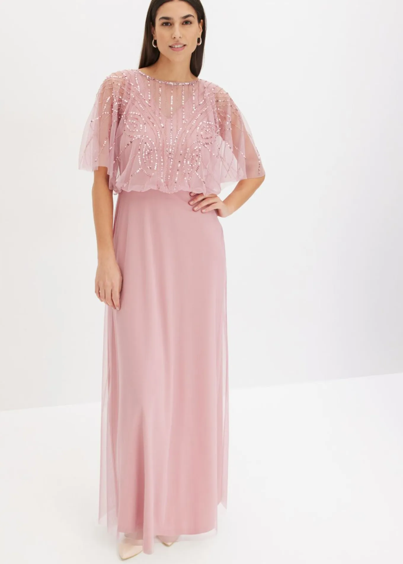 Vestido maxi de tul fino con bordado de lentejuelas