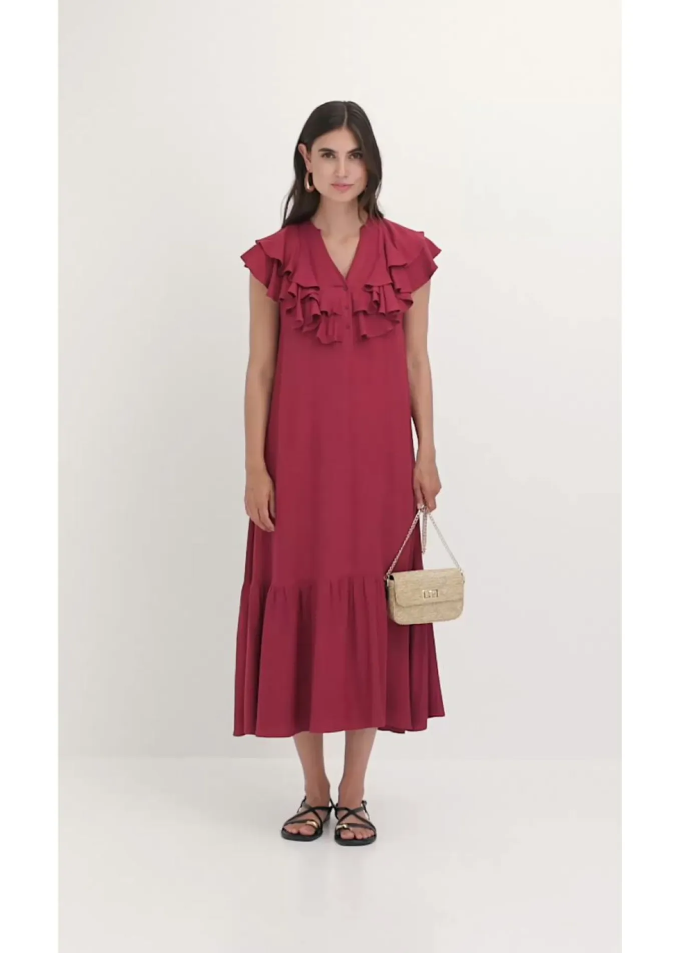 Vestido midi de crepé estructurado con volantes