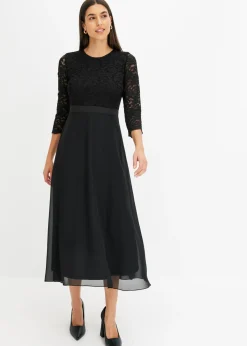 Vestido midi de gasa fina con parte superior de encaje