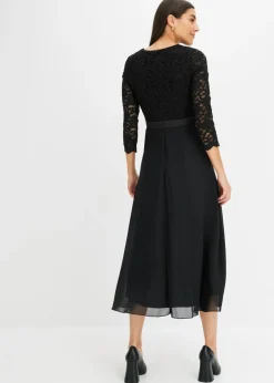 Vestido midi de gasa fina con parte superior de encaje