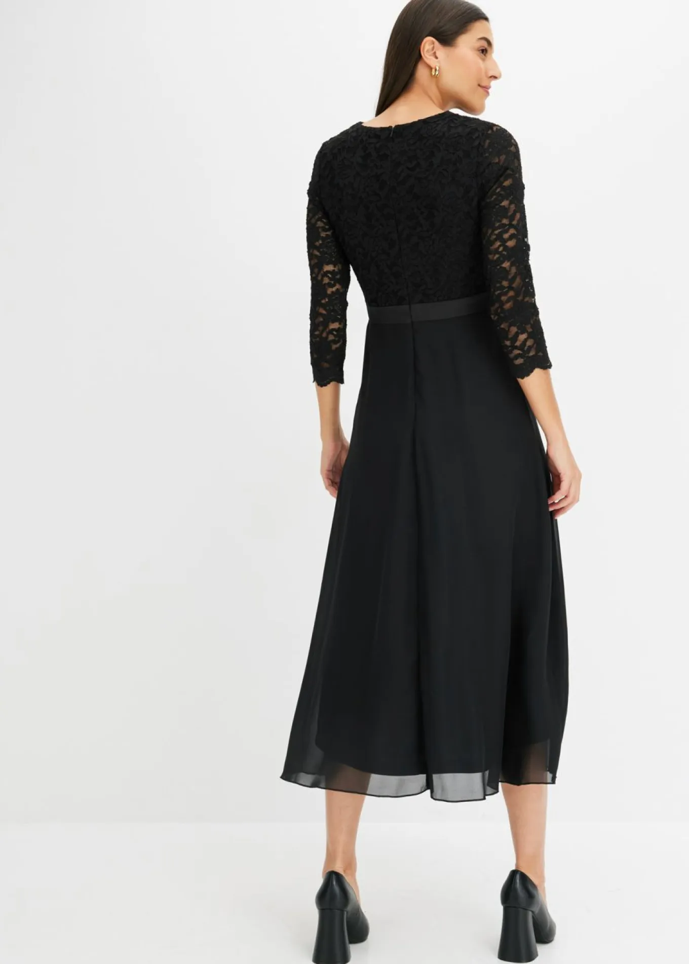 Vestido midi de gasa fina con parte superior de encaje