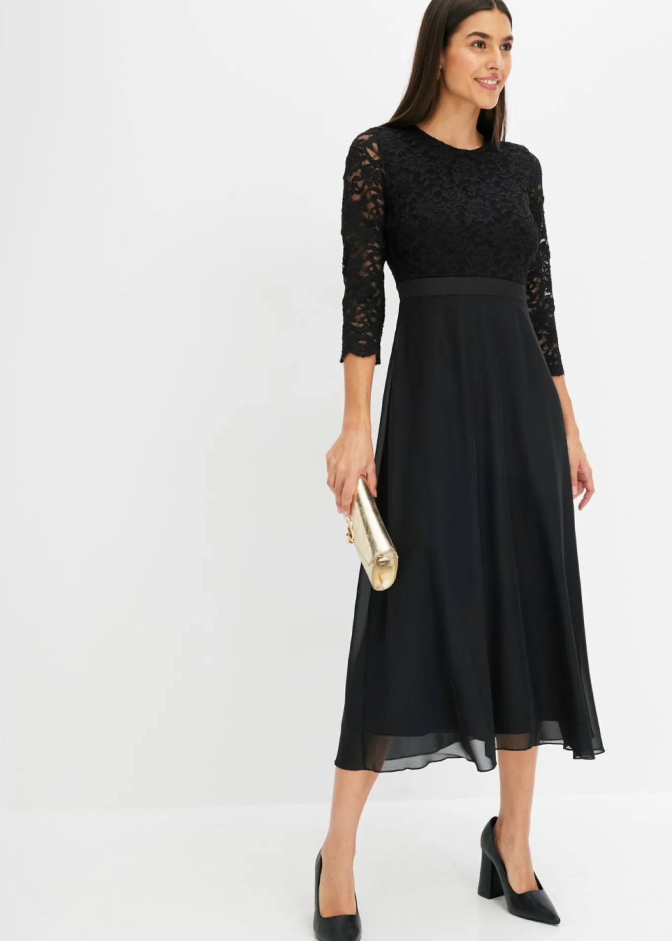 Vestido midi de gasa fina con parte superior de encaje