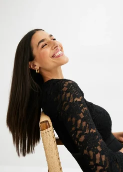Vestido midi de gasa fina con parte superior de encaje