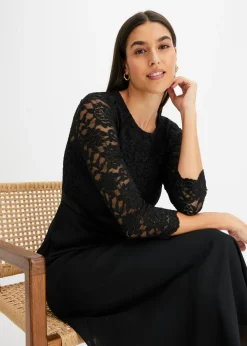 Vestido midi de gasa fina con parte superior de encaje