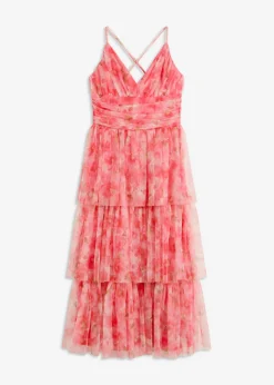 Vestido midi de tul fino con volantes