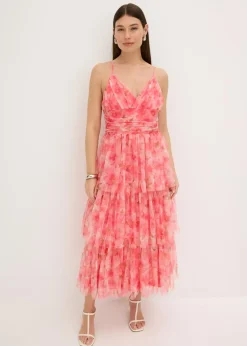 Vestido midi de tul fino con volantes