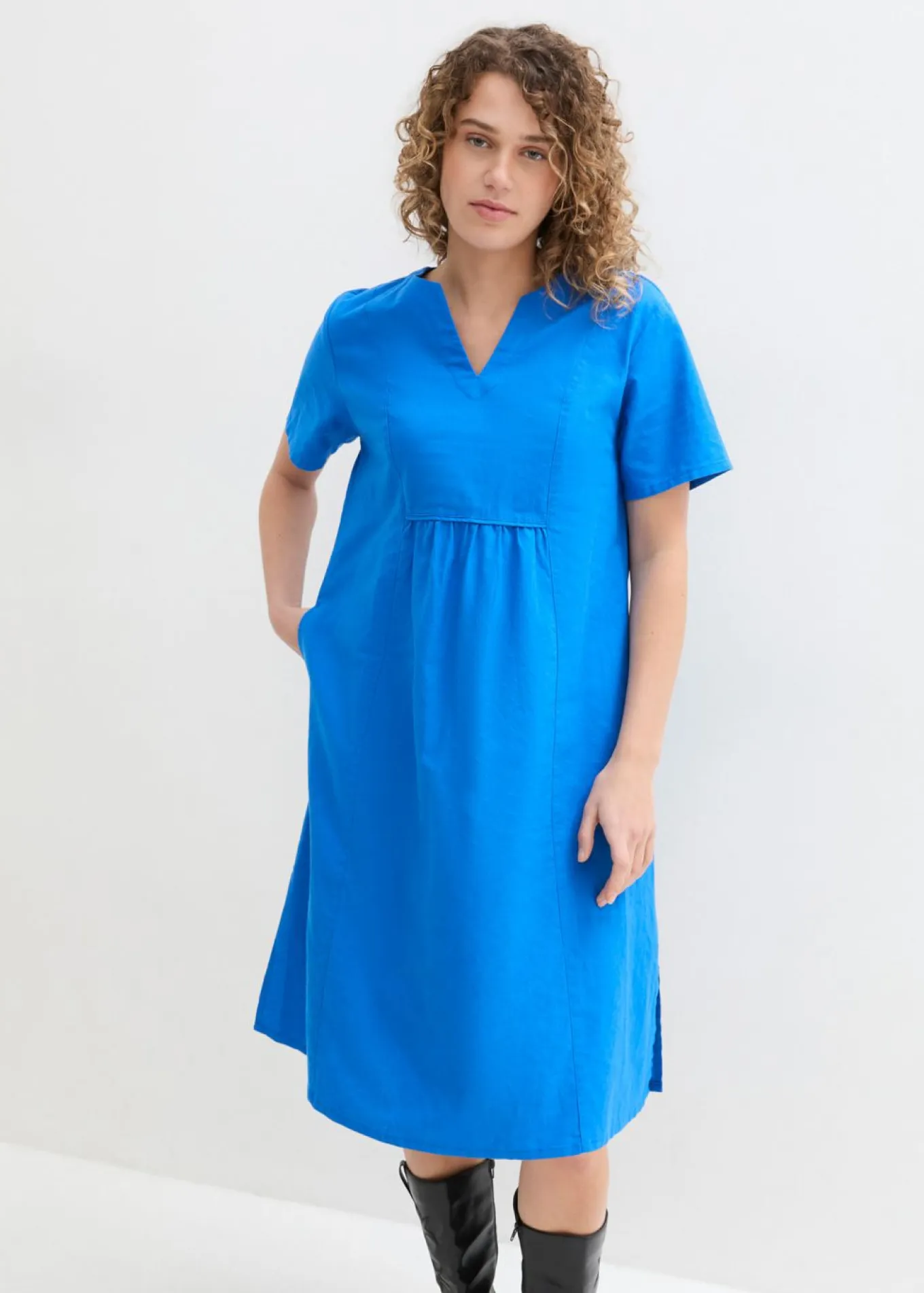 Vestido tipo túnica de mezcla de lino y algodón con bolsillos
