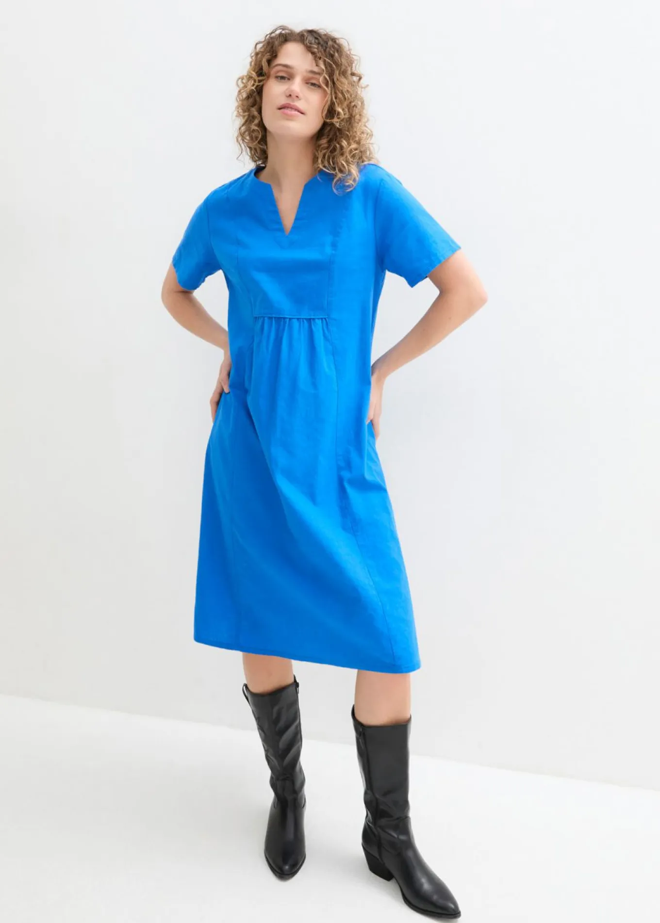 Vestido tipo túnica de mezcla de lino y algodón con bolsillos